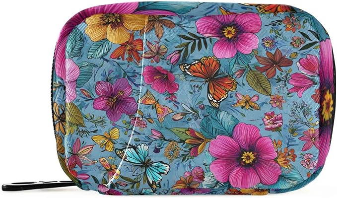 Blue Tropical Flowers and Butterflies Travel Pill Organizer Case Box Container Weekly Portable Vitamin Medicine Holder Storage Bag with Zipper Removable