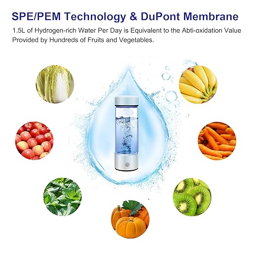 Hydrogen Water Bottle Generator, Glass Portable Hydrogen Water Bottle with SPE PEM Technology Hydrohealth, Ion Bottles Hydrogen Water Ionizer for Office, Home, Travel, Daily Drinking