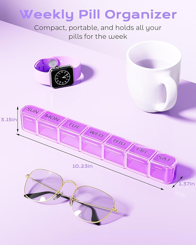Daviky Weekly Pill Organizer, Large 7 Day Pill Box, Travel Pill Case, Daily Pill Dispenser for Vitamins, Medicines, Supplements, and Fish Oil(Purple)