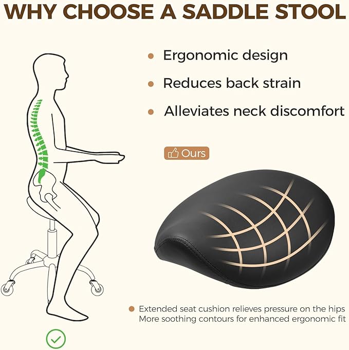 BEWISHOME Ergonomic Rolling Saddle Stool, Height-Adjustable Rolling 360° Swivel Saddle Stool Chair with Thickened Saddle Seat Padding, for Salons, Spas, Office, Black BMD02B