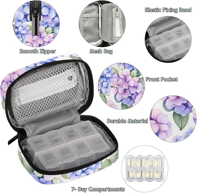 Watercolor Flower Pill Box Small Pill Travel Organizer 7 Day Weekly Purple Floral Medicine Pill Case Cute Compact Size Vitamin Container Pill Bottle Portable Pill Holder Bag with Zipper