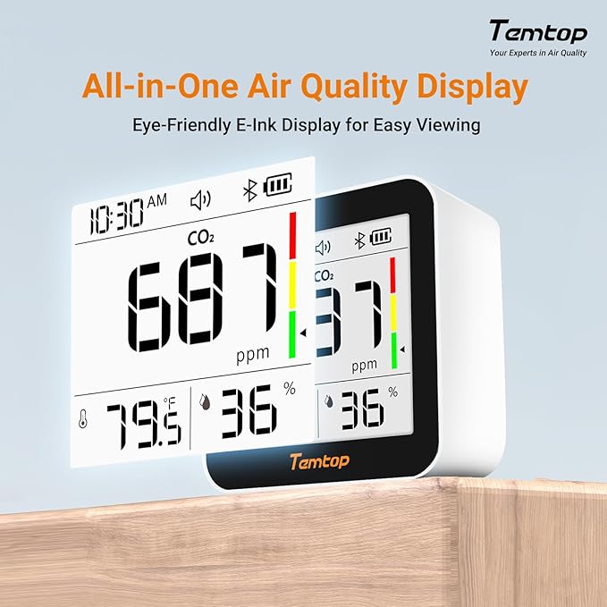 Temtop CO2 Monitor Indoor Air Quality Monitor 3 in 1 CO2 Meter(Temperature, Humidity and CO2), 180 Days Standby Time