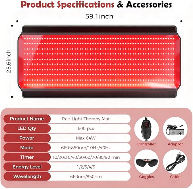 Full Body Red Light Therapy Mat, 59.1"*25.6" Whole Red Light Therapy Pad for Body with 660nm & 850nm, 600 LEDs redlight Blanket with Adjustable Timer & Intensity, Gifts for Women, Men, and Pets