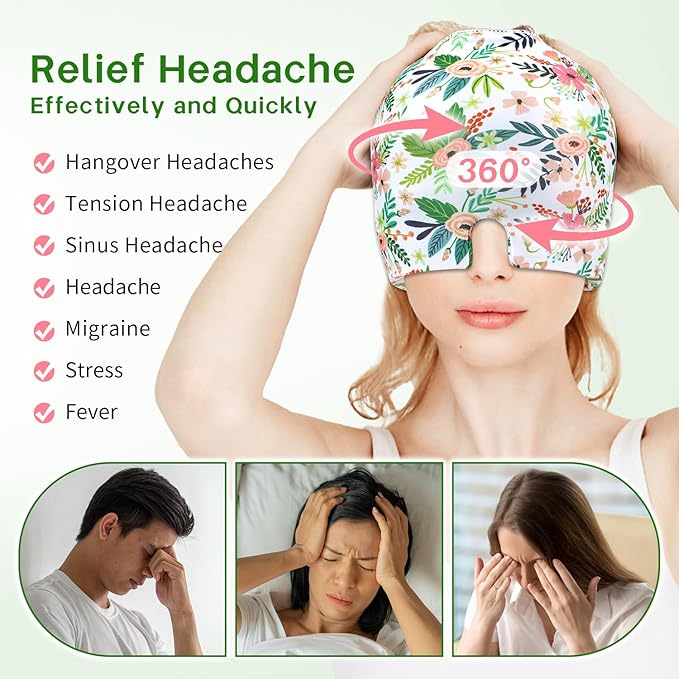 ZNÖCUETÖD Migraine Headache Relief Cap Hat, Head ice Pack Wrap Cooling Gel Ice Beanie Cold Cap Hot/Cold Compress Therapy for Sinus, Stress, Tension, Head Pain Relief - Reusable Gift for Women (White)