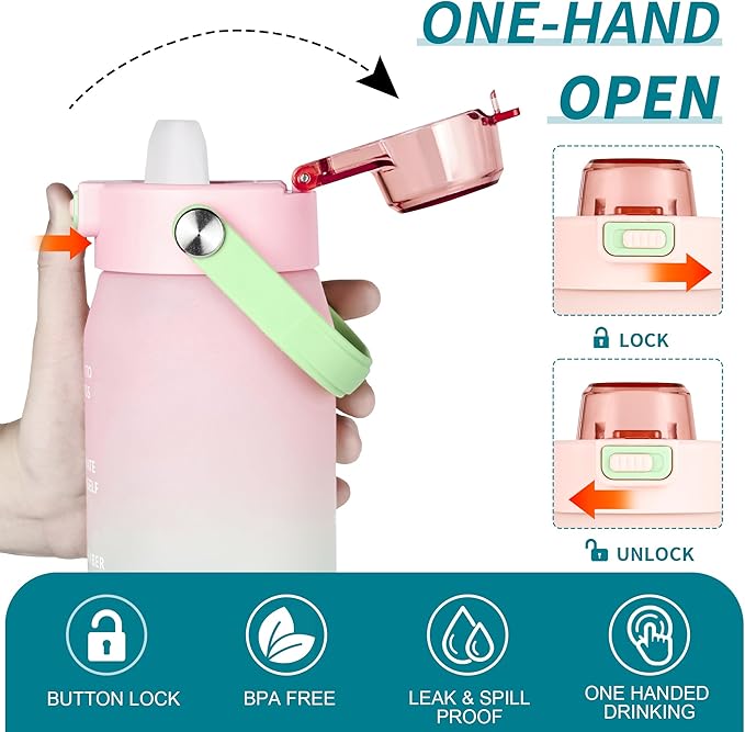 Motivational Water Bottle 32oz with Time Marker- Leakproof & BPA Free Sports Water Bottle with Straw & Carry Strap for Gym, Travel and Outdoor Sports (Pink/Blue Gradient)