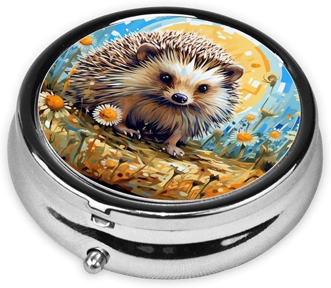 Cute Daisy Hedgehog Pill Box 3 Compartment Pill Case, Portable Medicine Pill Organizer for Pocket Purse Pill Box Decorative Metal Medicine Vitamin Organizer