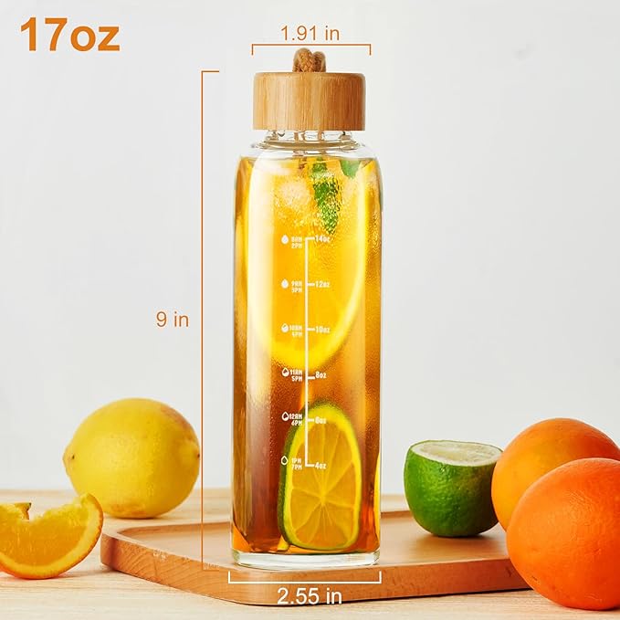 Glass Bottles with Lids and Time Marker, Glass Water Bottles with Carrying Strap, 17oz Glass Bottles for Juicing for Office, Gym