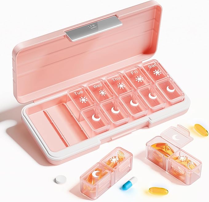 Betife AM PM Pill Organizer 2 Times A Day, 7 Day Pill Box Weekly Pill Organizer Travel with Separate Container, Portable Daily Medicine Planner Dispenser Case for Vitamin, Fish Oils, Supplements