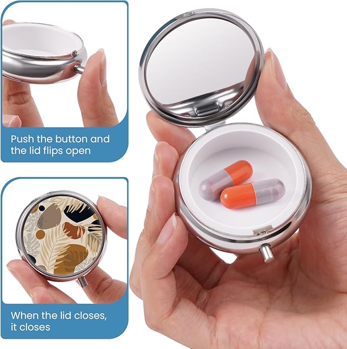 Mini Pill Box, Small Pill Box, Portable Pill Box, Cute Pill Organizer for Vitamins, Medications, Fish Oil and Supplements (Foliage)