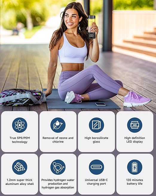 Hydrogen Water Bottle - Portable Rechargeable Water Bottle with LED Timer, Aluminum and Glass, 5000 PPB Hydrogen Production, Gift for Husband Wife Father Friend Client (Black, 11.6Oz)