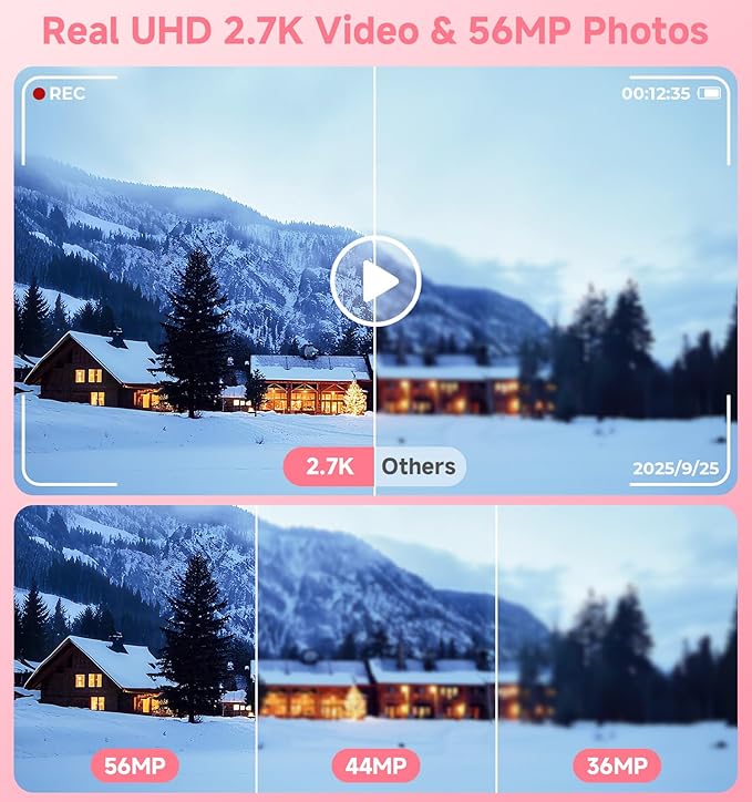 Digital Camera, 2026 Upgraded 56MP Pink Digital Camera, Dual Screens Cameras for Selfies with 16X Zoom, Compact Cameras with Smile Capture Anti Shake with 32GB SD Card for Kids Teens Adults
