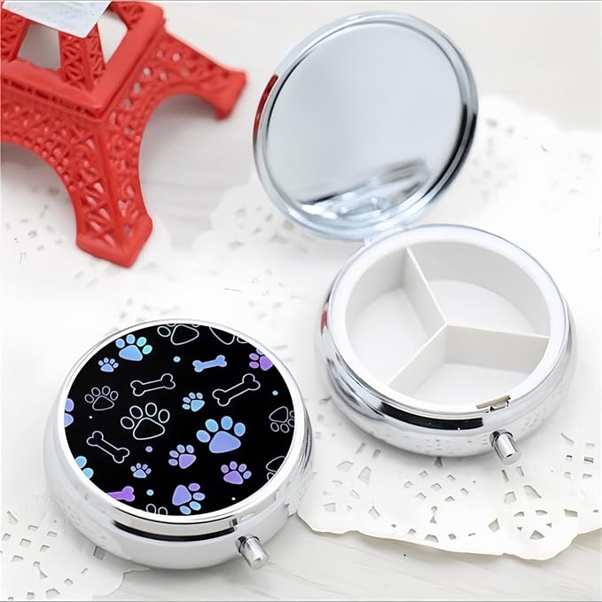 Pill Box 3 Compartment Pocket Small Pill Organizer Mini Metal Pill Holder Travel Portable for Man Old People and Kids - Gradient Black Dog Paw Print