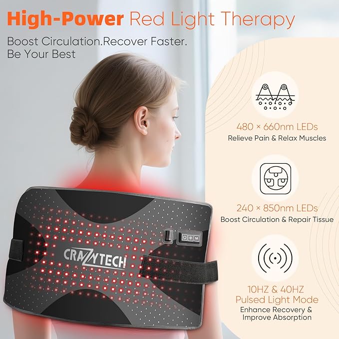 CRAZYTECH Red Light Therapy Pad for Body, 24"x12" Large 48W High Power Infrared Heating Blanket with 240 LEDs, Near Infrared Mat Wrap for Back Shoulder Knee & Dogs, 5 Levels 3 Modes