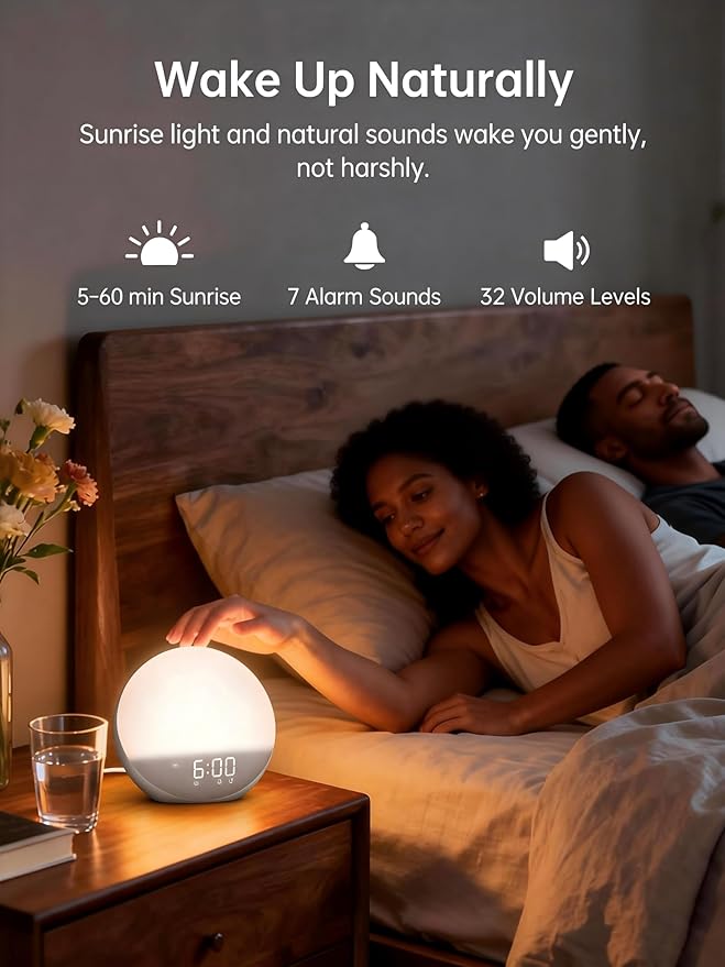 Sunrise Alarm Clock with Sound Machine: Gentle Wake Up Light & 7 Alarm Sounds for Bedroom - 3 Wake-Up Modes & 32 Volume Levels for Stress-Free Morning Putty