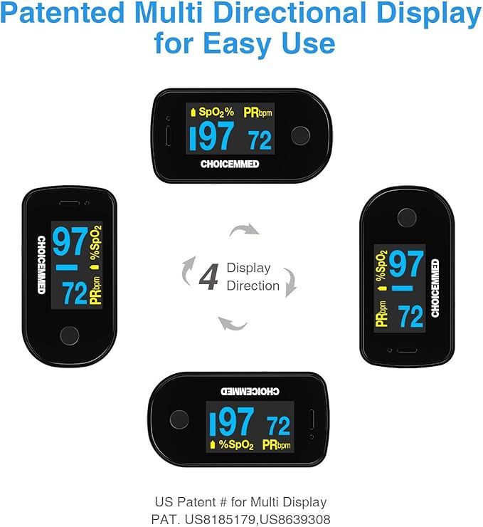 CHOICEMMED Black Dual Color OLED Finger Pulse Oximeter - Blood Oxygen Saturation Monitor with Color OLED Screen Display and Included Batteries - O2 Saturation Monitor