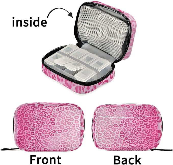 Gradient Pink Leopard Print Travel Pill Organizer Case Box Container Weekly Portable Vitamin Medicine Holder Storage Bag with Zipper Removable