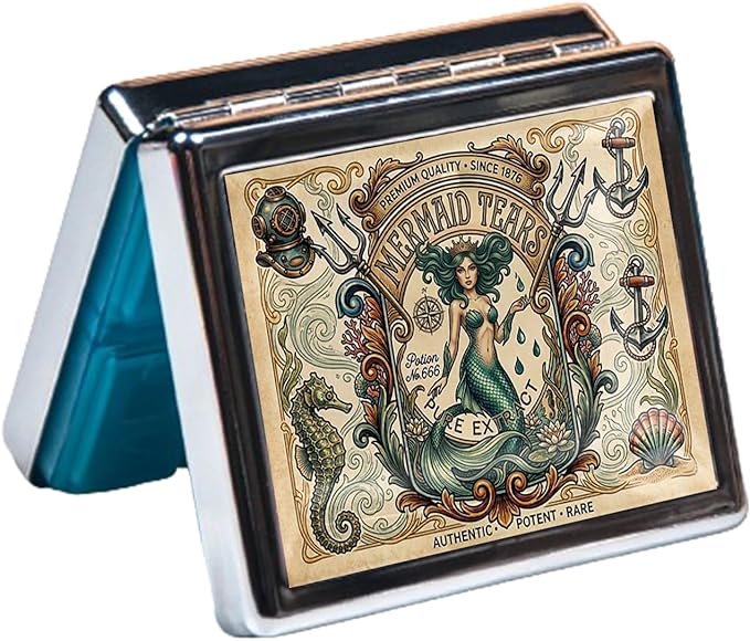 7 Days Chromed Shiny Silver Pill Organizer with Mirror Inside Has 8 Separate Compartments Rectangle Cute Travel Pill Organizer for Purse 7 Days (Retro Mermaid)