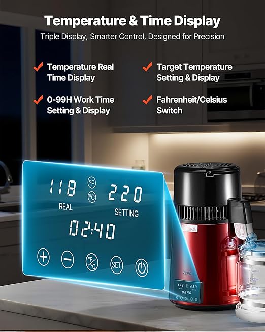 VEVOR 1750W Water Distiller, 0.4Gal/H Distilled Water Maker with Glass Carafe, 4L/1.1Gal Countertop Distiller Machine, 0-99H Time Temp Dual Display, Anti-dry Design 304 Stainless Steel Still, Wine Red