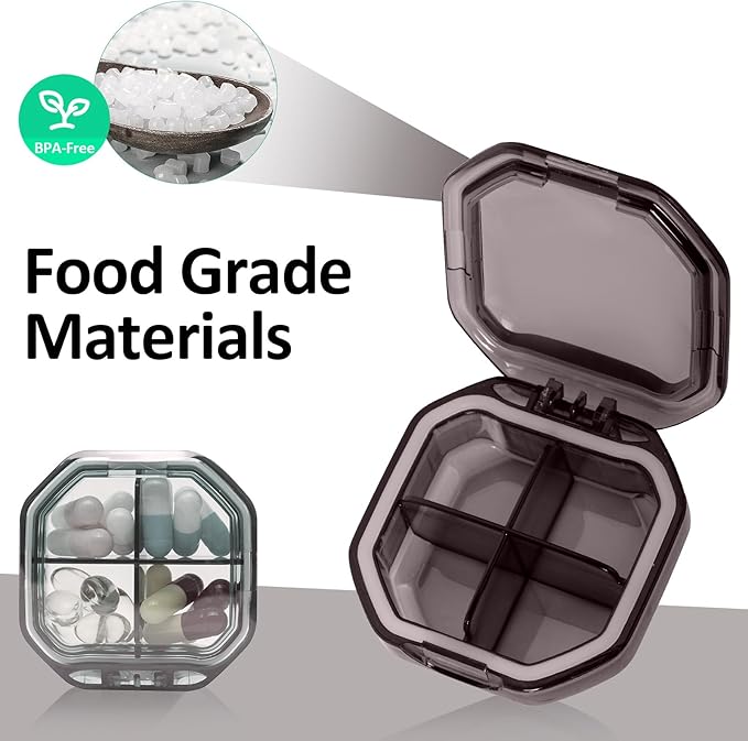 Daily Pill Organizer, 2 Pack 4 Compartments Small Pill Box Portable Pill Case, Travel Pill Organizer for Purse Pocket to Hold Vitamins, Cod Liver Oil, Supplements and Medication (Grey+Blue)