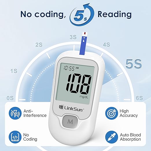G-425-1 Blood Glucose Monitor Kit, 100 Test Strips &100 Lancets, 1 Control Solution, 1 Blood Sugar Monitor, 1 Lancing Device, Diabetes Testing Kit, No Coding, Large Display, Glucometer for Home Use