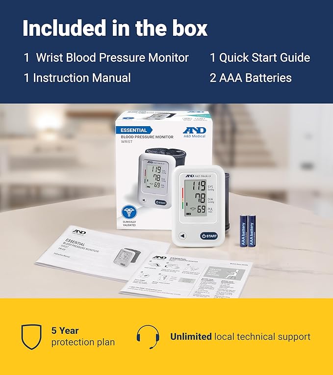 A&D Medical Wrist Blood Pressure Monitor for Home Use - UB-525, BP Adjustable Cuff (5.3-8.5"/13.5-21.5 cm) One Button Operation, 60 Reading Memory, 2 AAA Batteries