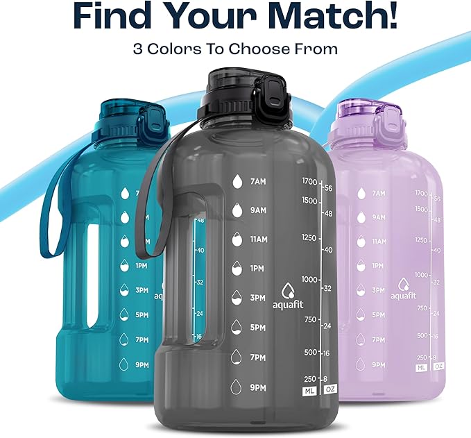 AQUAFIT Half Gallon Water Bottle with Time Marker - Straw & Chug Lid - BPA Free Gym Water Bottle with Straw - Big Gallon Jug (Lilac, 64 oz - 2in1 Lid)
