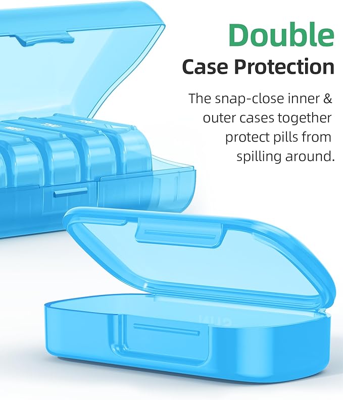 PULIV Weekly Pill Organizer with Large Capacity, Dual Protection Pill Box 7 Day, Arthritis Friendly Pill Case Easy to Open, Medicine Organizer for Vitamins, Medications, Fish Oils, Supplements (Blue)