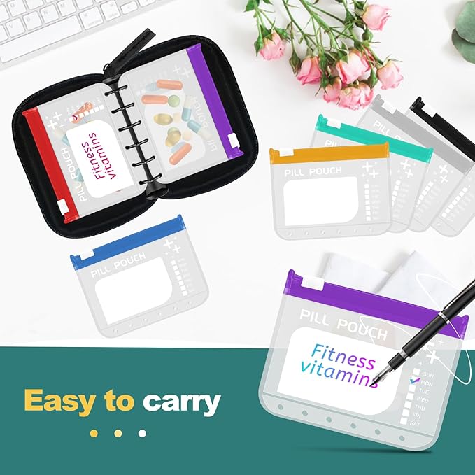 Water-Proof Pill Pouch Set， Large Pill Organizer, Pill Loose-Leaf Storage with Color-Coded Medicine Pouches,BPA Free, Reusable Travel Medicine Organizer， Zippered Pill Organizers Weekly