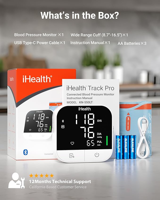 iHealth Track Pro Upper Arm Blood Pressure Monitor, Full-View LED Screen, Body & Cuff Detection, App-Enabled for iOS & Android, Adjustable Cuff Large Adults Arm Friendly
