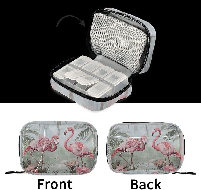 Fustylead Retro Pink Flamingo in Tropical Forest Travel Pill Organizer Bag with Zipper Small Pill Box 7 Day Pill Case for Purse Storage Weekly Vitamin Medicine Supplement