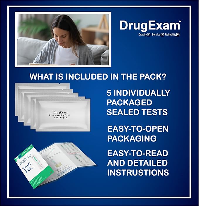 5 Pack - DrugExam Highly Sensitive Marijuana THC 20 ng/mL Single Panel Drug Test Kit - Marijuana Drug Test with 20 ng/mL Cutoff Level for Detecting Any Form of THC in Urine up to 45 Days (5)
