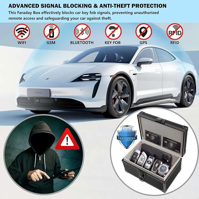 Faraday Box for Car Keys, Car Key Fob Signal Blocker RFID Blocking Protector, Secure Anti-Theft Shielding Cage for Keyless Entry (Black Striated)