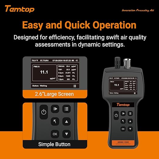 Temtop Handheld Particle Counter 0.3µm 0.5µm 1.0µm – Air Quality Monitor for PM2.5 PM10 TSP, Temperature & Humidity, 32GB Data Logger, USB Export, Rechargeable Battery, Indoor Air Quality Tester