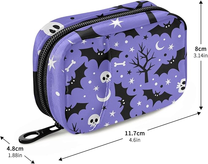 Halloween Bats Pill Box 7 Day Pill Case Travel Pill Organizer Bag with Zipper Portable Weekly Vitamin Medicine Supplement Holder Pouch Bag