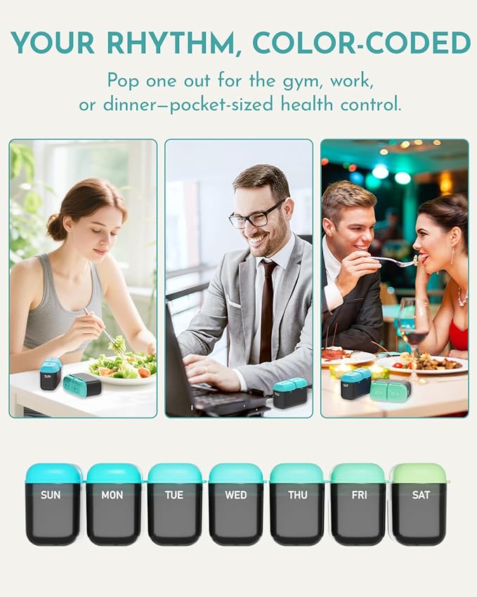 Weekly Pill Organizer, 7 Day Travel Medicine Pill case with Moisture-Proof Silicone Lid, Large AM PM Daily Pill Organizer 2 Times a Day for Vitamins & Supplements, Secure Zipper Pill Box(Green)