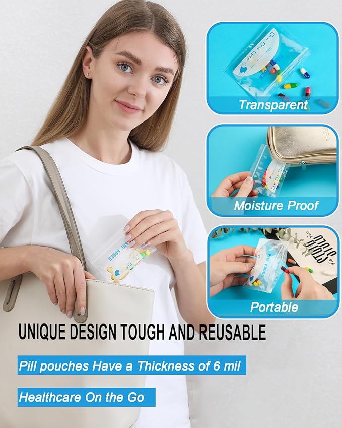 100 Pack Pill Pouch Bags - (4" X 2.75") Thickness is 6 Mil, Portable Plastic Pills Bag Hold Vitamin, Supplements, Medication, and Vitamin Storage