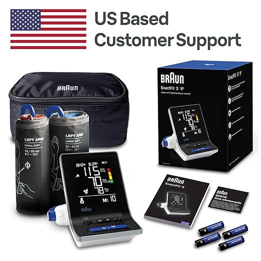Braun ExactFit 3 Blood Pressure Monitor for Home Use, Blood Pressure Machine, Color-Coded, High BP Monitor, 2 Upper Arm Cuff Sizes, 80 Memory Slots