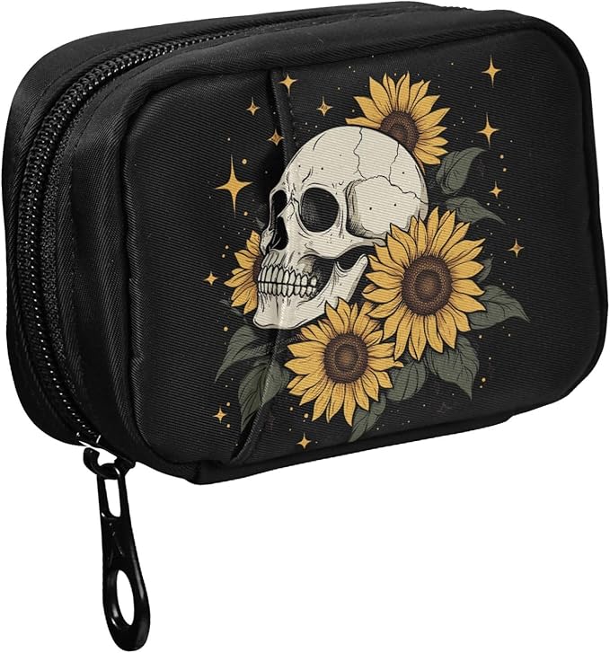 Fustylead Shining Human Skull and Sunflower Design Pill Organizer for Purse, Weekly Portable Pill Box with Zipper to Storage Vitamins Fish Oils Medications Supplements