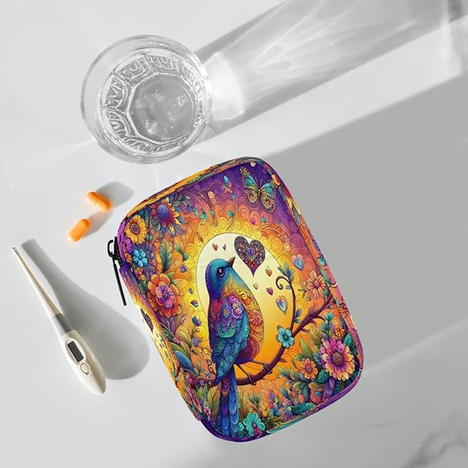 Ethnic Bird Art Pill Case Travel Pill Organizer Weekly 7 Day Portable with Zipper Medicine Box Pill Case for Vitamins, Birth Control,Fish Oils,Medication, Supplements