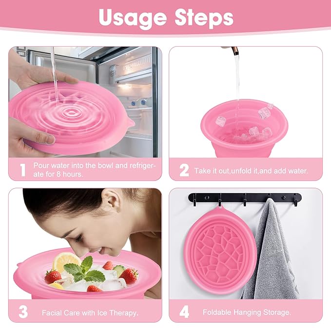 Face Bowl for Ice With Built-in Ice Tray Collapsible Silicone Facial Face Ice Bath Bowl Small Reusable Cold Plunge Basin is Portable,Perfect for Home Use,Camping,Travel Cold Bath Spa Tool & Pink