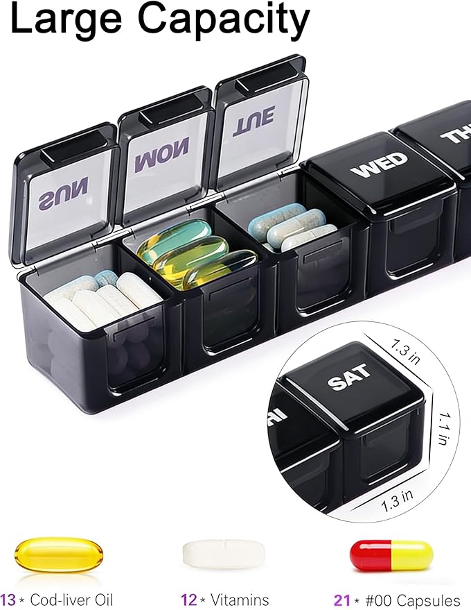 BUG HULL Weekly Pill Organizer Large 2 Packs, Extra Large Travel Pill Organizers, Pill Box 7 Day, Travel Pill Case, Medicine Pill Organizer for Vitamins, Supplements and Medications (Black+White)