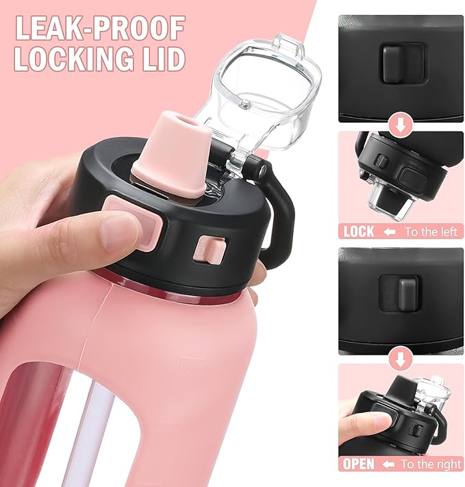 Kodrine Water Bottle With Straw and Carry Handle, Glass Water Bottle 24 oz Leak Proof Locking Lid with Soft Silicone Spout, Reusable Drinking Cups for Travel Sports with Time Marker,Pink