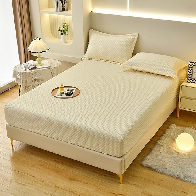 ZIQINPSQ Coral Velvet Fitted Sheet-Thickened Cold-Resistant and Warm Bed Sheets-Soft Velvet Fleece Fitted Sheets with-Elastic All Around. (Beige, Queen)