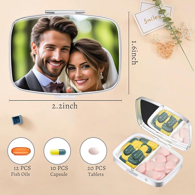 Custom Pill Box with Picture Portable Pill Box for Purse or Pocket Mini Metal Pill Case Travel Pill Container Gifts to Hold Vitamins Medication Fish Oil and Supplements