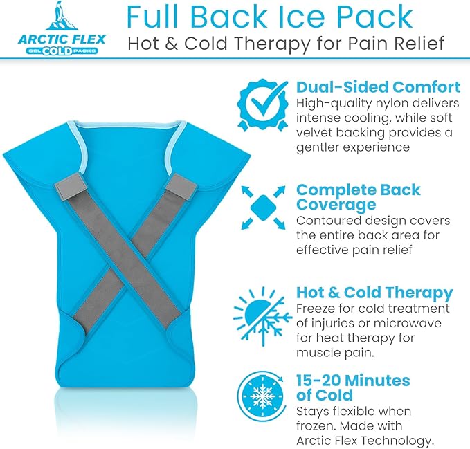 Artic Flex Large Ice Pack for Back - Full Back Ice Pack Wrap for Pain Relief - Reusable Cooling Pad with Straps, Extra Large and Wearable - Hot and Cold Therapy for Men & Women - for Muscle Fatigue