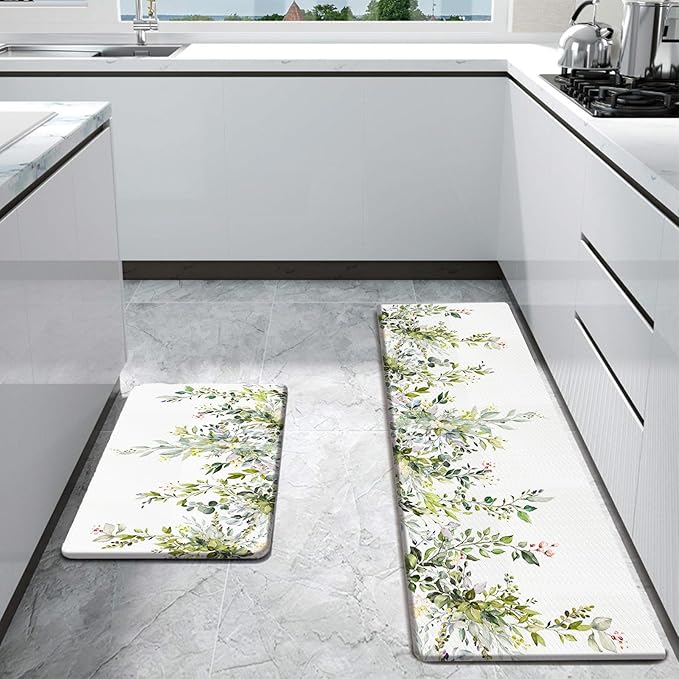 Bulijojo Green Eucalyptus Anti Fatigue Kitchen Floor Mats Set of 2 Waterproof Kitchen Sink Runner Rug Standing Mat Cushioned Kitchen Rugs Comfort Doormat 17"x47"+17" x30“
