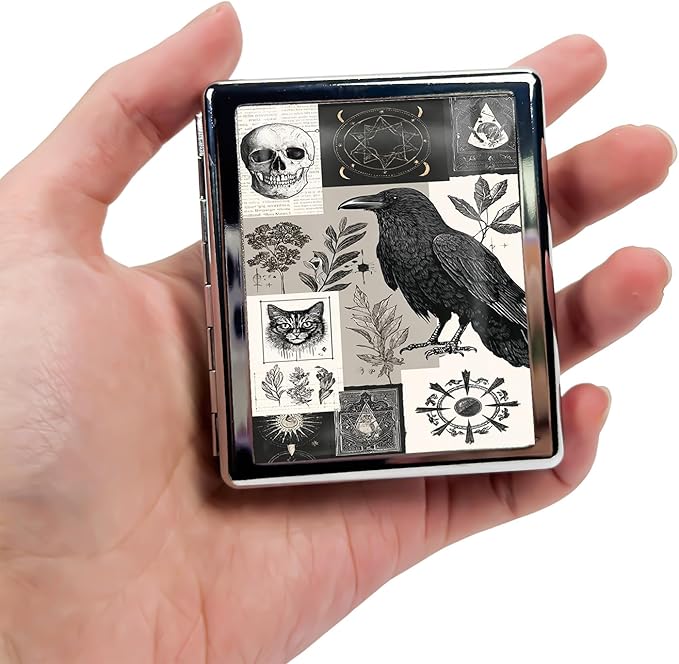 Metal Pill Organizer Box with Mirror – 8 Compartment Chrome Pill Case, Pocket-Size Travel Pill Container for Vitamins, Seniors, Daily Use (Mystic Raven Collage)