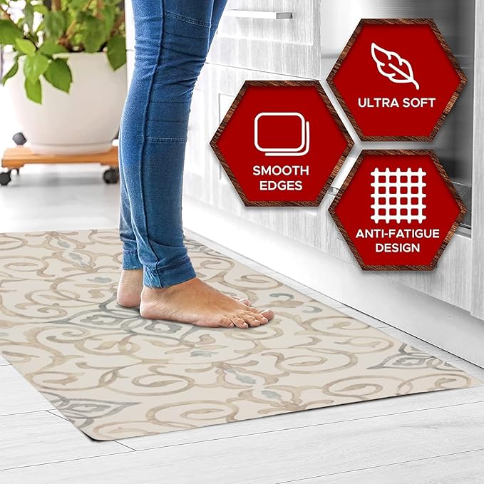 J&V TEXTILES Oversized 20"x39" Anti-Fatigue Embossed Floor Mat (Rustic Medallion Cream