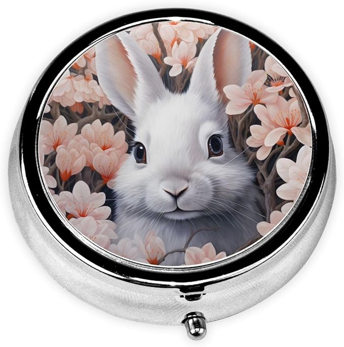 Cherry Blossoms Rabbit Pill Box 3 Compartment Pill Case, Portable Medicine Pill Organizer for Pocket Purse Pill Box Decorative Metal Medicine Vitamin Organizer