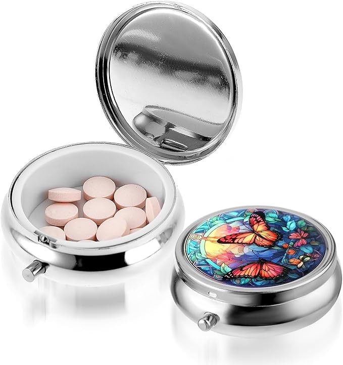 Pill Box Cute Small Pill Box for Purse & Pocket Medicine Organizer Travel Pillbox Waterproof Pill Case Metal Pill Container Holder for Vitamins, Fish Oil, Supplements (Silver Butterfly)
